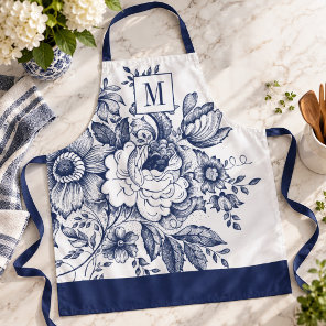 Vintage French Farmhouse Peony Monogram Navy Blue Apron