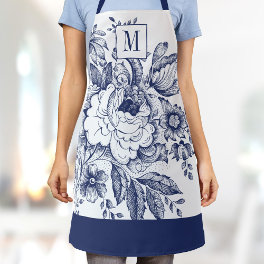 Vintage French Farmhouse Peony Monogram Navy Blue Apron