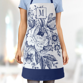 Vintage French Farmhouse Peony Monogram Navy Blue Apron