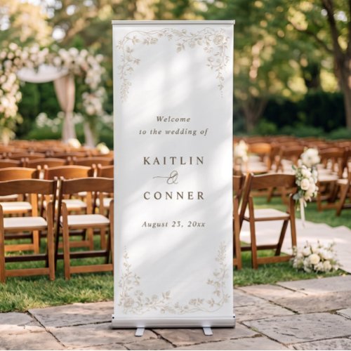 Vintage French Floral Beige Tan Wedding Welcome Retractable Banner