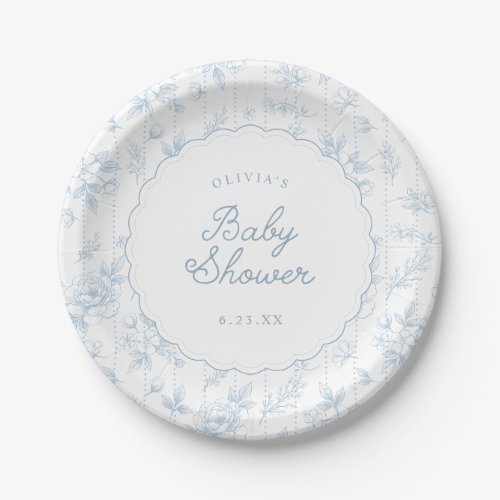 Vintage French Floral Blue Scalloped Baby Shower Paper Plates