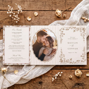 Vintage French Floral Brown & Cream Wedding Tri-Fold Program