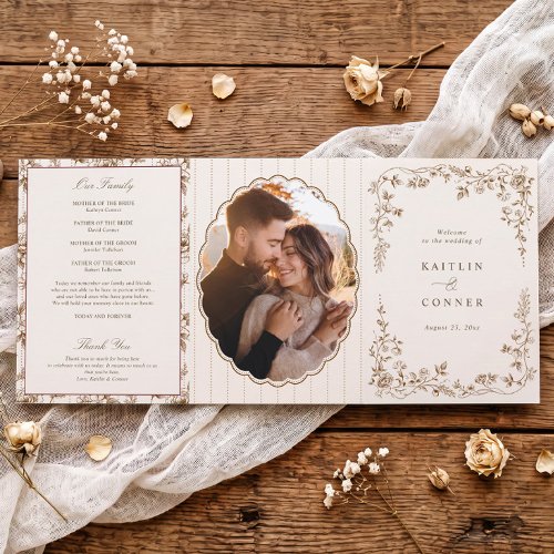 Vintage French Floral Brown &amp; Cream Wedding Tri-Fold Program