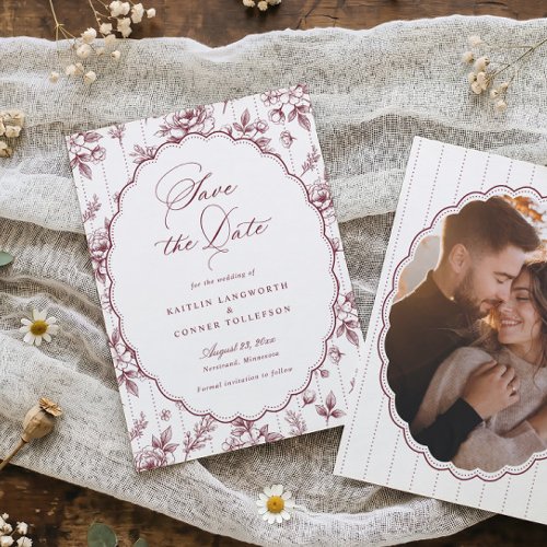 Vintage French Floral Burgundy Red Photo Wedding Save The Date