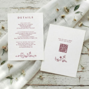 Vintage French Floral Burgundy Red Wedding Details Enclosure Card