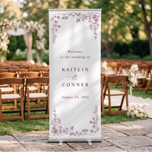 Vintage French Floral Burgundy Red Wedding Welcome Retractable Banner