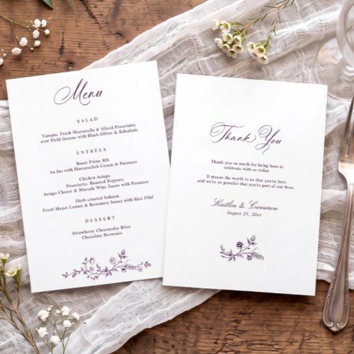 Vintage French Floral Dark Purple Elegant Wedding Menu