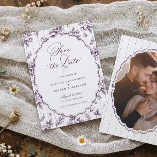 Vintage French Floral Dark Purple Photo Wedding Save The Date