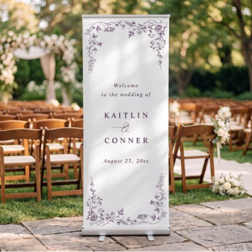 Vintage French Floral Dark Purple Wedding Welcome Retractable Banner