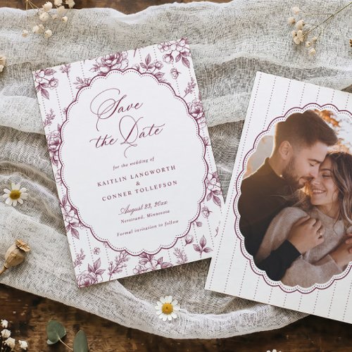 Vintage French Floral Dark Red Wine Photo Wedding Save The Date