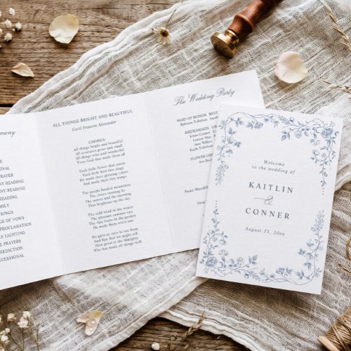 Vintage French Floral Dusty Blue Toile Wedding Tri-Fold Program
