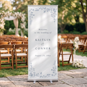 Vintage French Floral Dusty Blue Wedding Welcome Retractable Banner