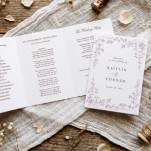 Vintage French Floral Dusty Rose Pink Wedding Tri-Fold Program