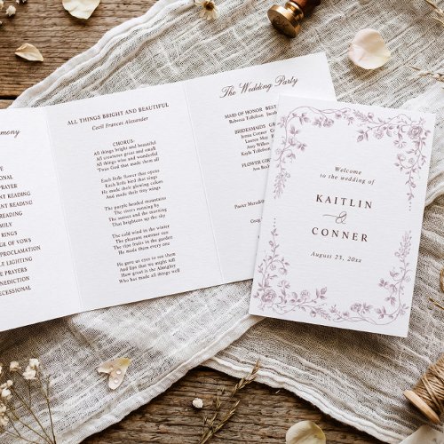 Vintage French Floral Dusty Rose Pink Wedding Tri-Fold Program
