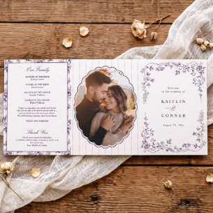 Vintage French Floral Eggplant Dark Purple Wedding Tri-Fold Program