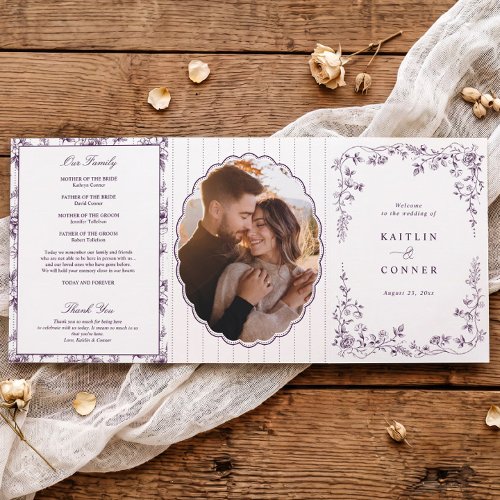 Vintage French Floral Eggplant Dark Purple Wedding Tri-Fold Program