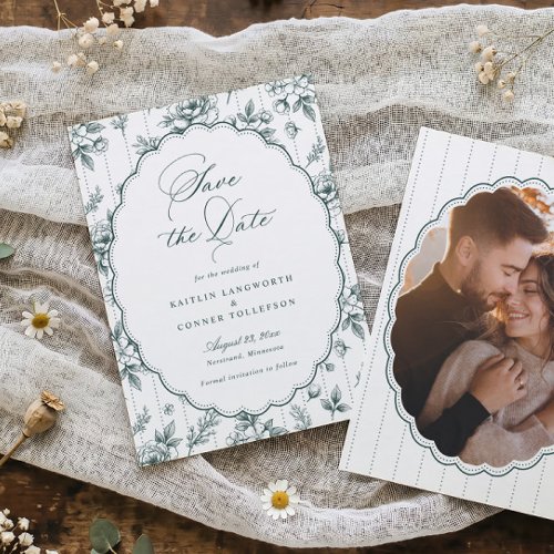 Vintage French Floral Emerald Green Photo Wedding Save The Date