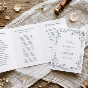 Vintage French Floral Emerald Green Toile Wedding Tri-Fold Program