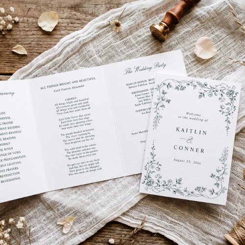 Vintage French Floral Emerald Green Toile Wedding Tri-Fold Program