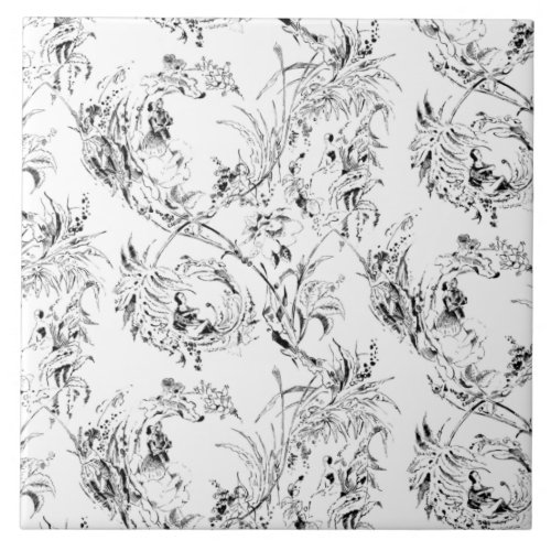 Vintage French Floral Fantasy Toile_Black Ceramic Tile