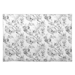 Vintage French Floral Fantasy Toile-Black Cloth Placemat