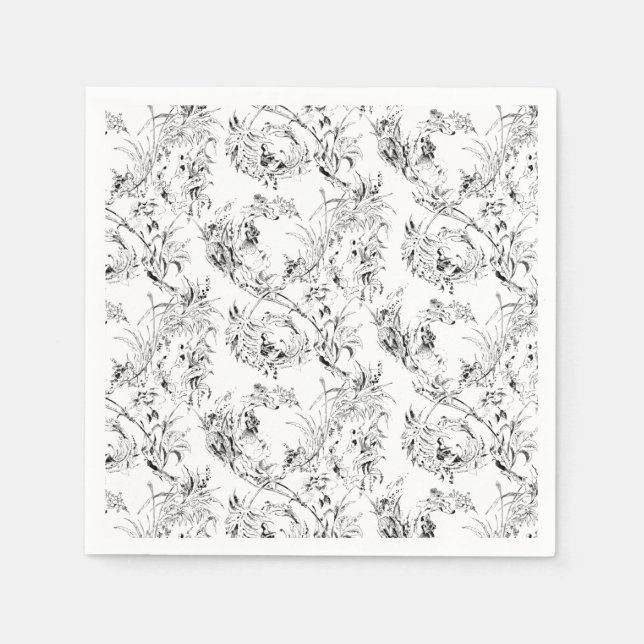 Vintage French Floral Fantasy Toile-Black Napkins (Front)