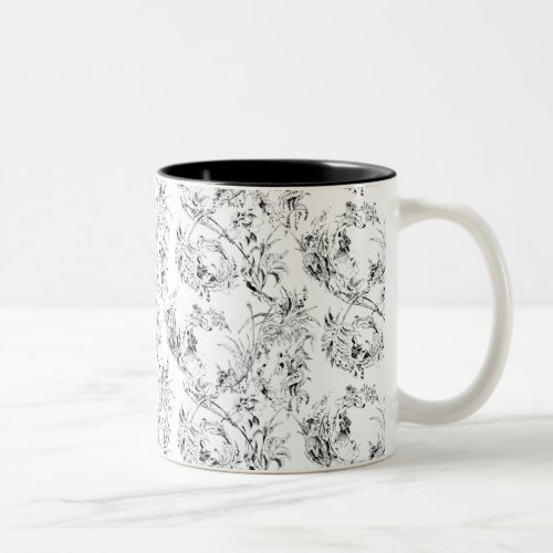 Vintage French Floral Fantasy Toile_Black Two_Tone Coffee Mug