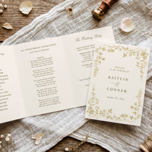 Vintage French Floral Gold & Ivory Toile Wedding Tri-Fold Program