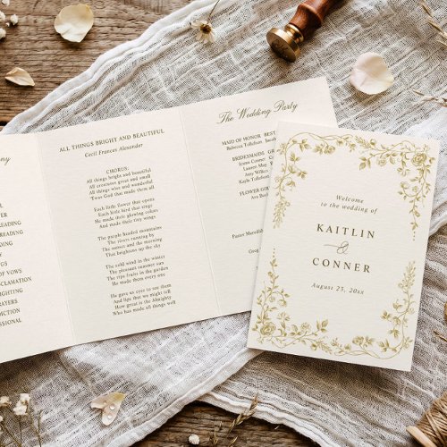 Vintage French Floral Gold &amp; Ivory Toile Wedding Tri-Fold Program