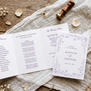 Vintage French Floral Lavender Purple Wedding Tri-Fold Program