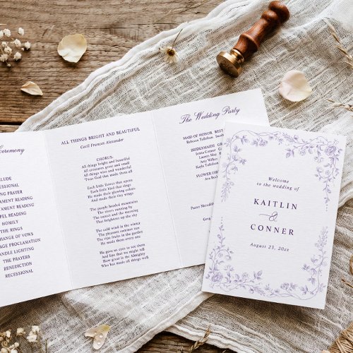Vintage French Floral Lavender Purple Wedding Tri-Fold Program