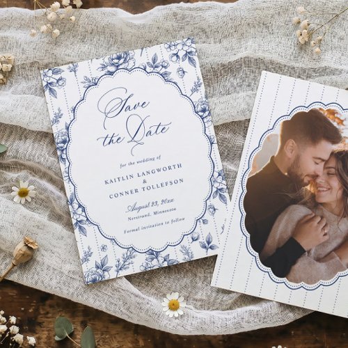 Vintage French Floral Navy Blue Photo Wedding Save The Date
