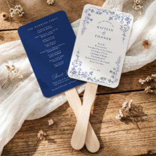 Vintage French Floral Navy Blue Wedding Program Hand Fan