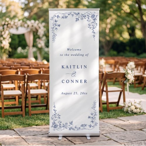 Vintage French Floral Navy Blue Wedding Welcome Retractable Banner