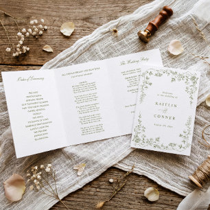 Vintage French Floral Olive Green Toile Wedding Tri-Fold Program