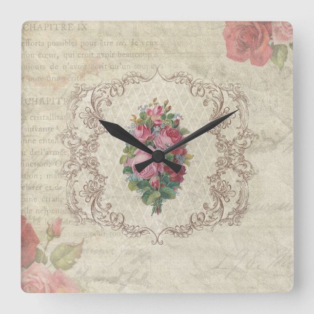 Vintage French Floral Postcard Square Wall Clock (Front)