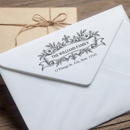 Vintage French Floral Ribbon Return Address Self-inking Stamp