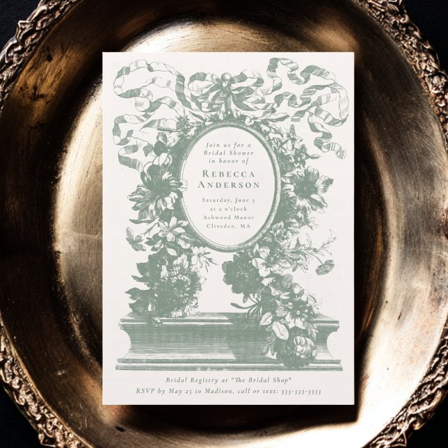 Vintage French Floral Sage Green Bridal Shower Invitation (Creator Uploaded)
