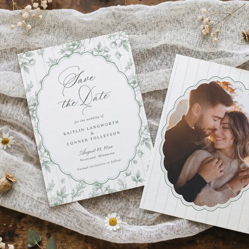 Vintage French Floral Sage Green Photo Wedding Save The Date