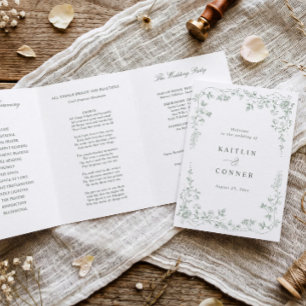 Vintage French Floral Sage Green Photo Wedding Tri-Fold Program