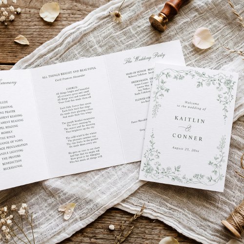 Vintage French Floral Sage Green Photo Wedding Tri-Fold Program