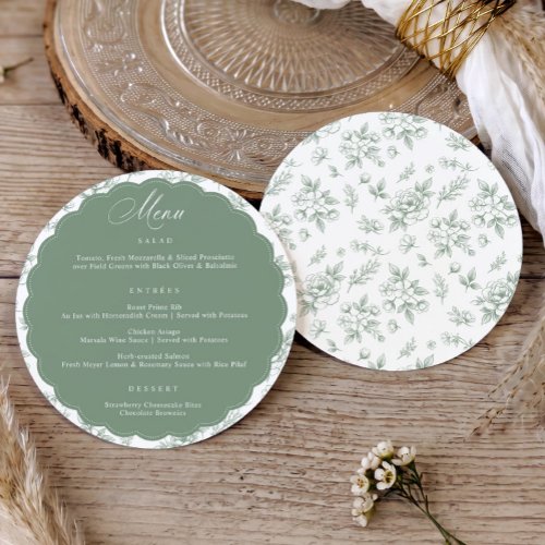 Vintage French Floral Sage Green Round Wedding Menu