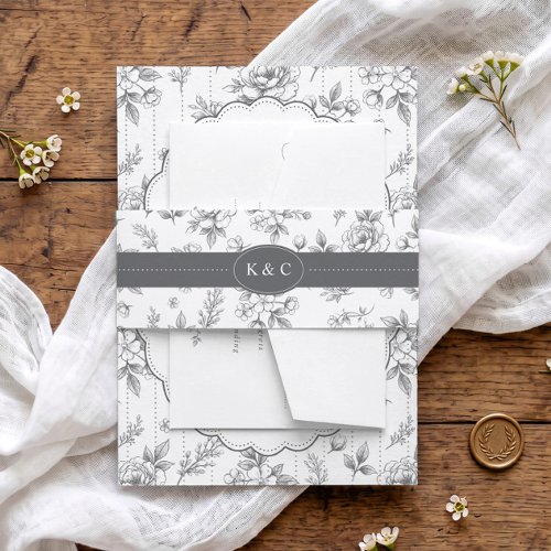 Vintage French Floral Silver Gray Initials Wedding Invitation Belly Band