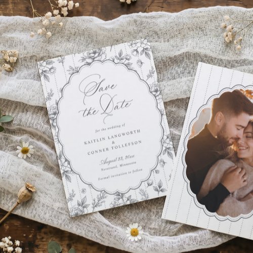 Vintage French Floral Silver Gray Photo Wedding Save The Date