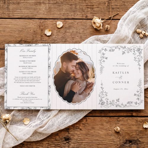 Vintage French Floral Silver Gray Toile Wedding Tri-Fold Program