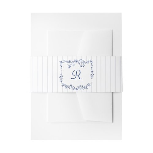 Vintage French Floral Stripes Navy Blue Wedding Invitation Belly Band