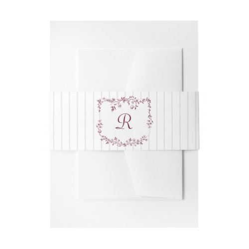 Vintage French Floral Stripes Wine Red Wedding Invitation Belly Band