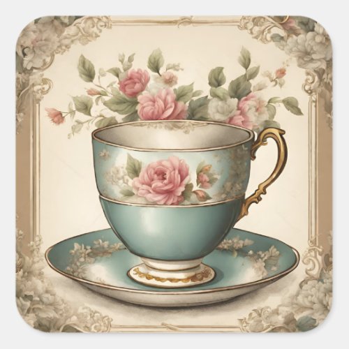 Vintage French Floral TeaCup Garden Tea Party  Square Sticker