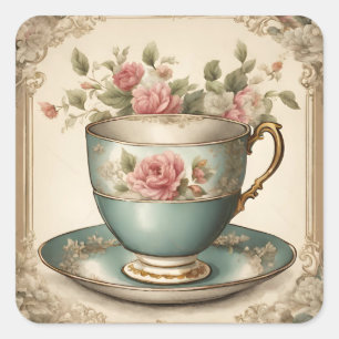 Vintage French Floral TeaCup Garden Tea Party Square Sticker