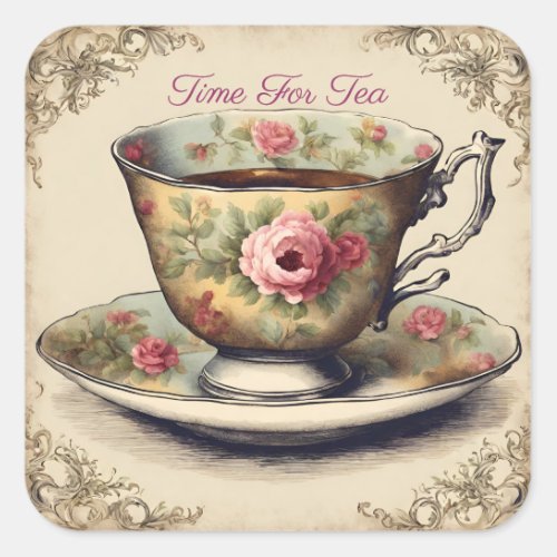 Vintage French Floral TeaCup Garden Tea Party  Square Sticker